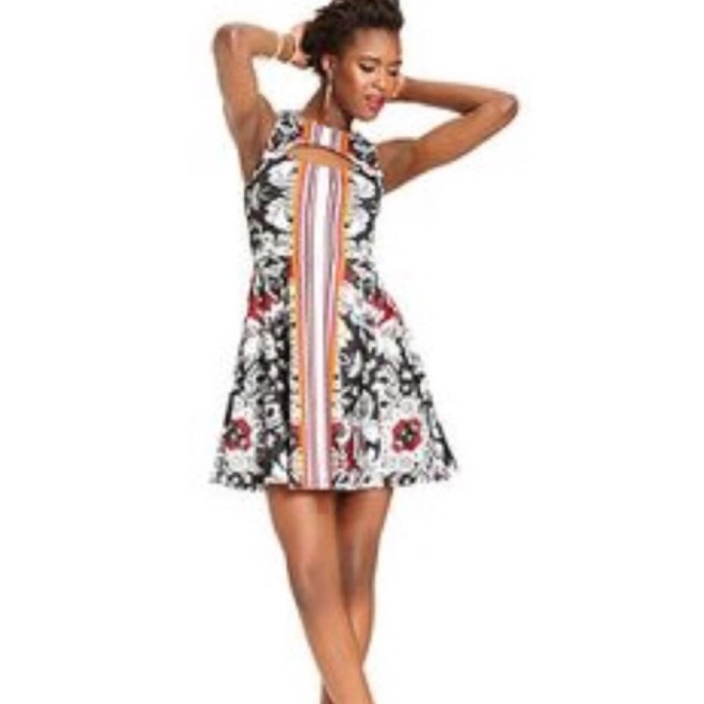 BAR III “Tokyo” Tawny Port Combo Black Floral Striped Skater Dress XS $69 EUC